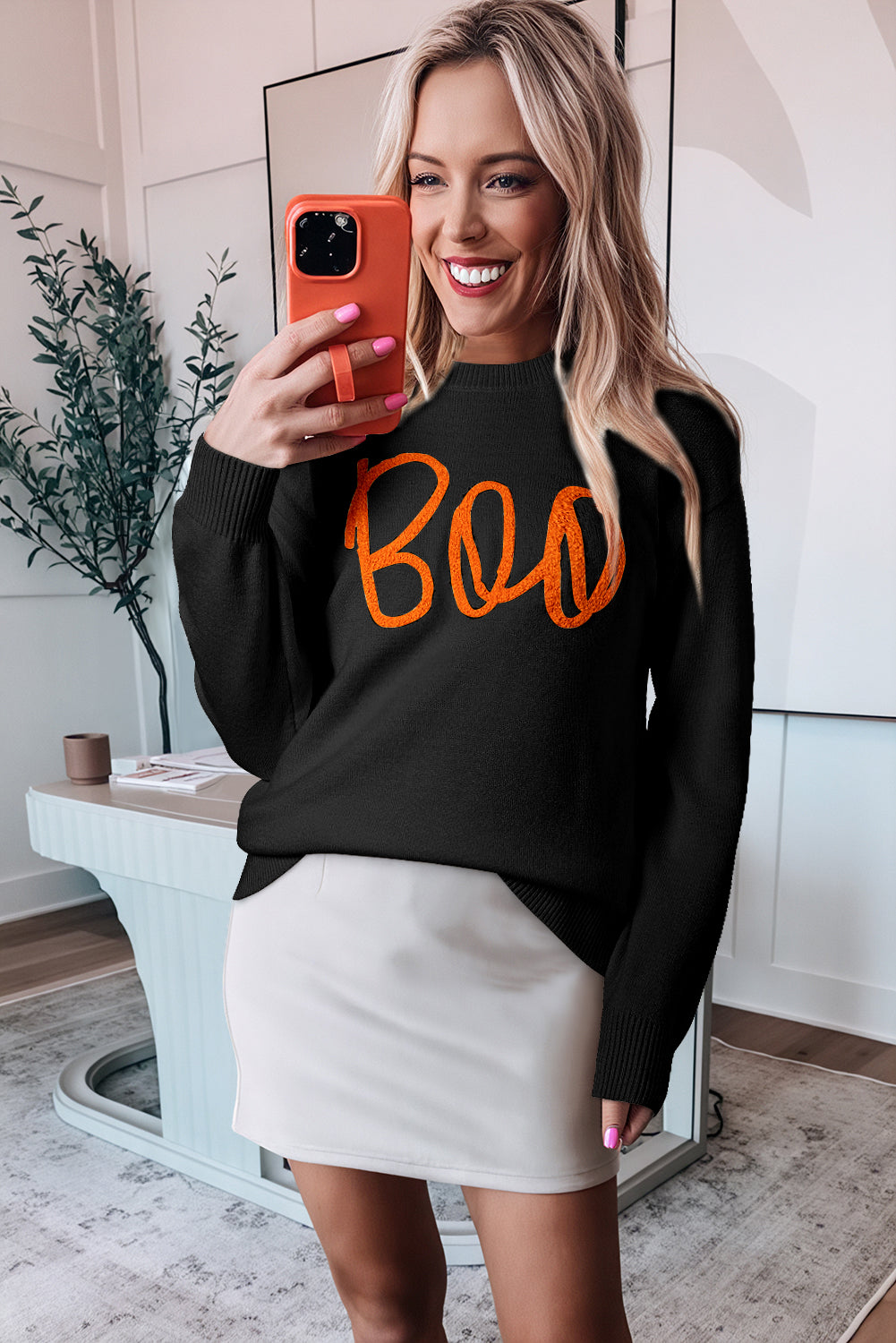 Black Halloween Boo Drop Shoulder Knit Sweater