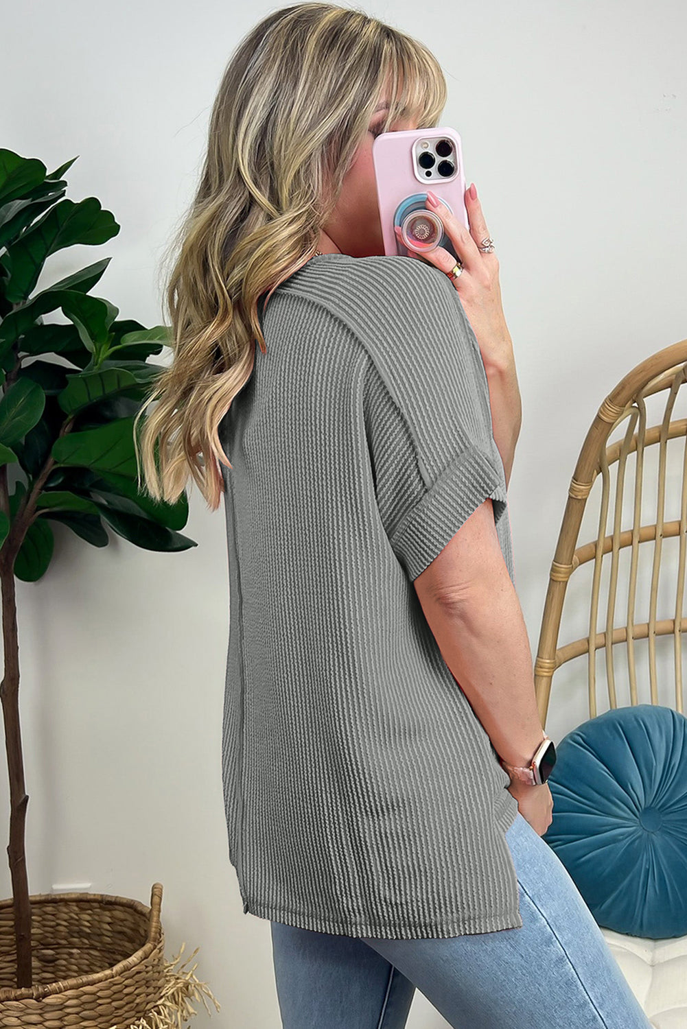 Medium Grey Twist Ribbed Sequined Bow Baseball Game Day T Shirt