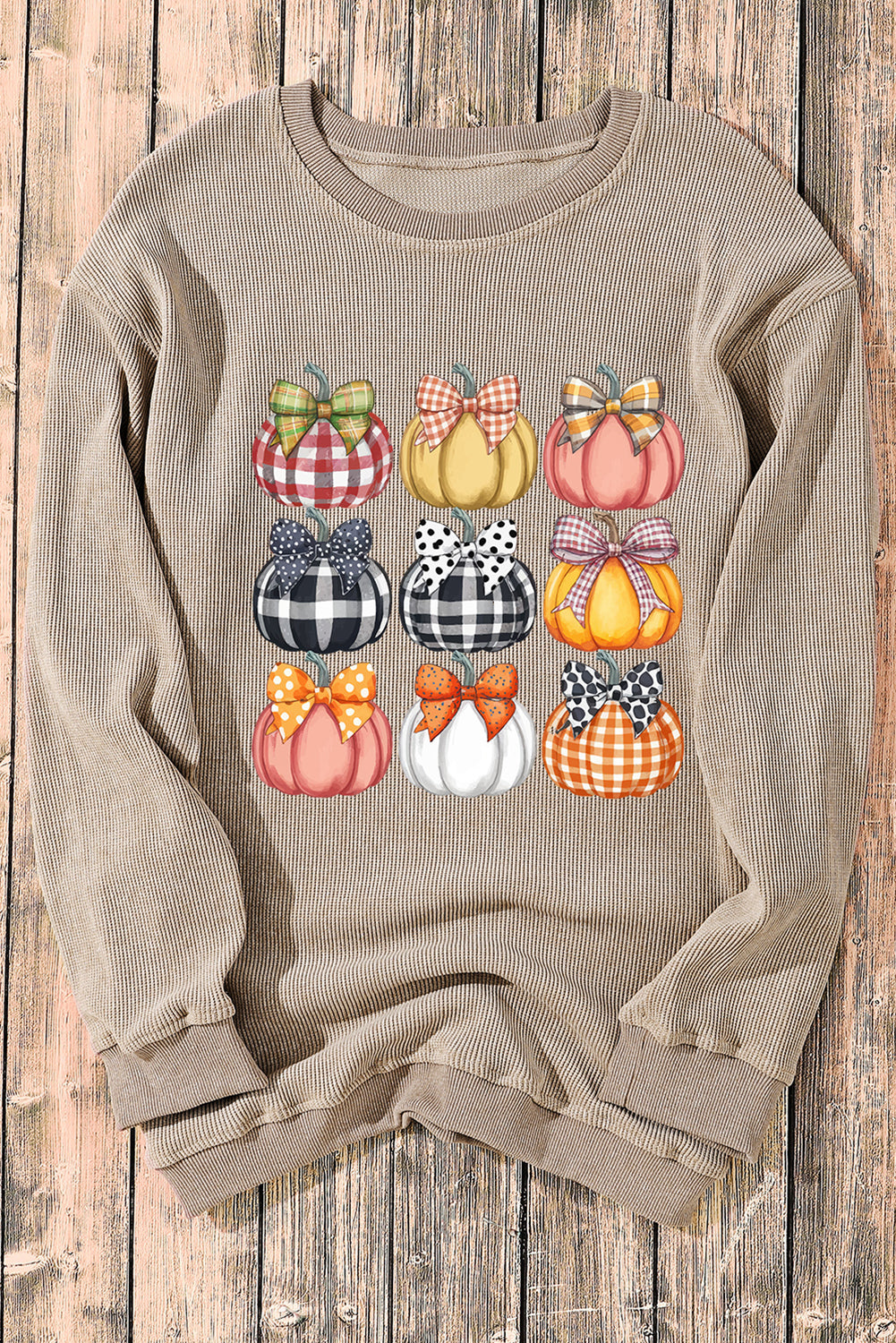 Khaki Trendy Textured Bow Pumpkin Heat Transfer Printing Graphic Baggy Sweatshirt