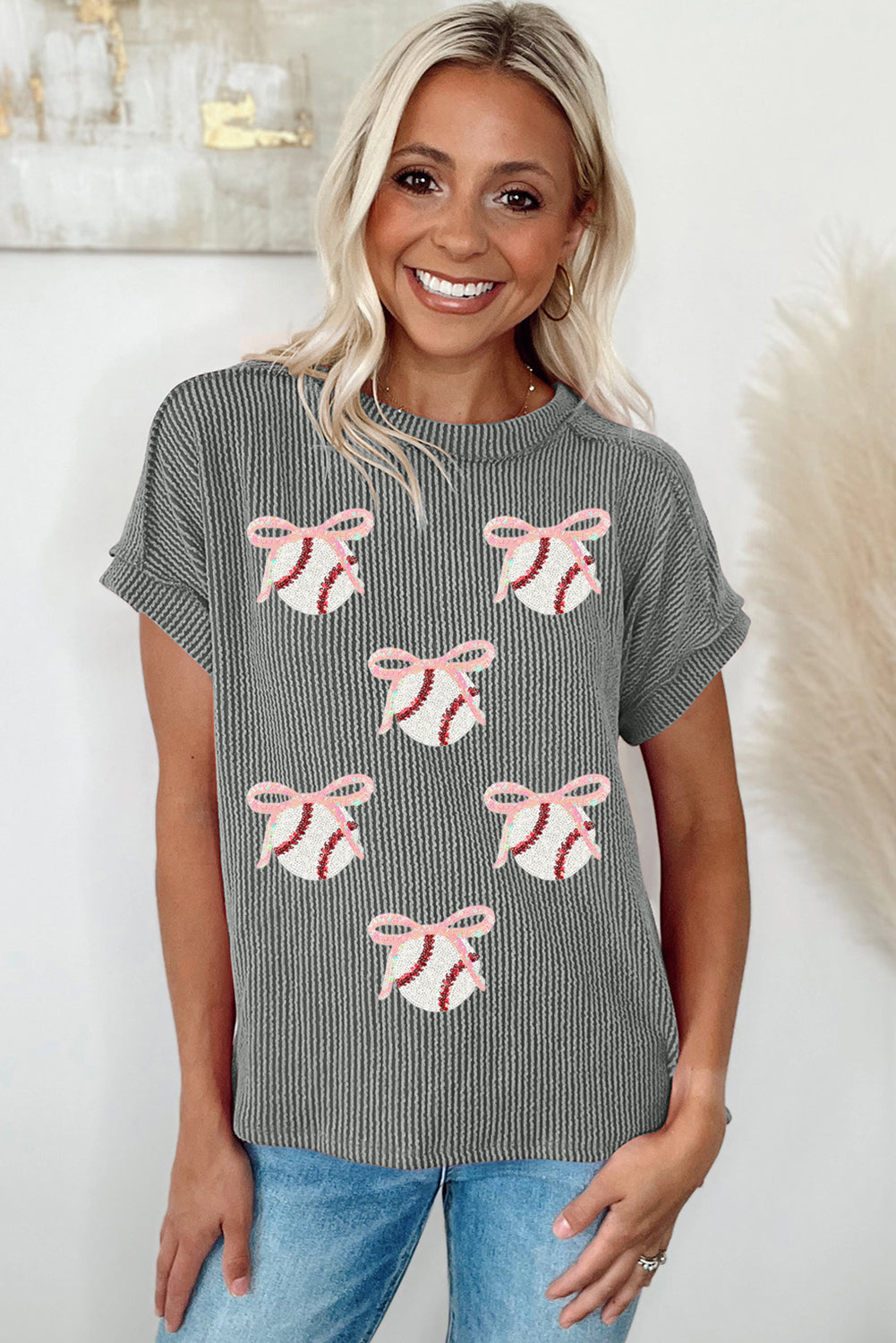 Medium Grey Twist Ribbed Sequined Bow Baseball Game Day T Shirt