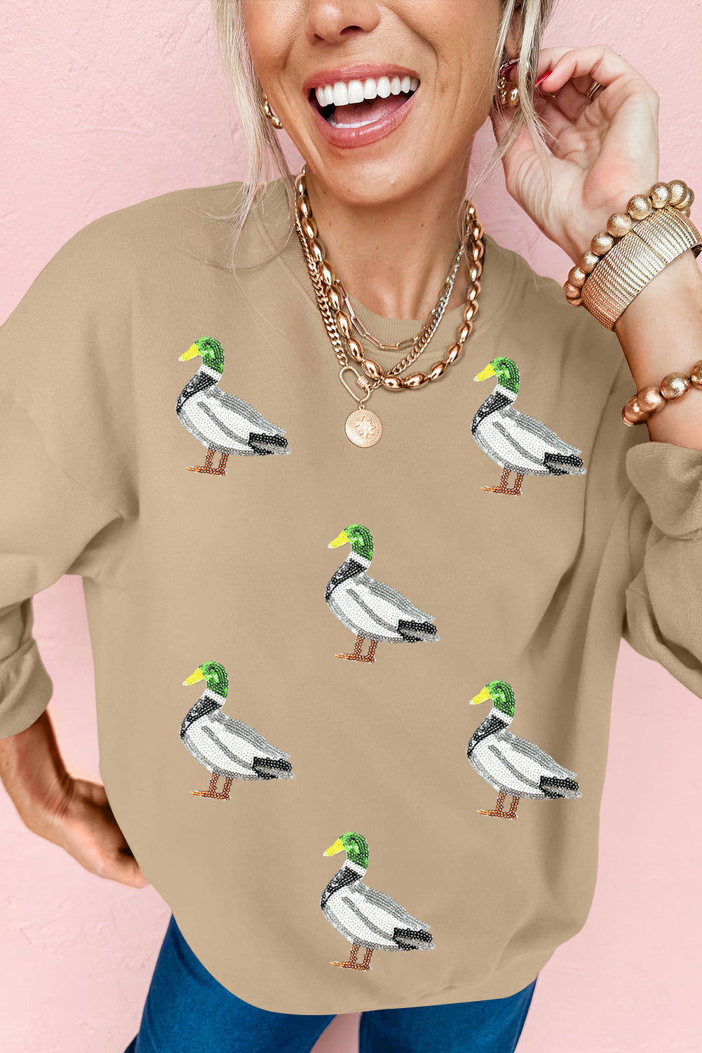 Khaki Sequin Mallard Duck Graphic Sequins Patch Baggy Sweatshirt