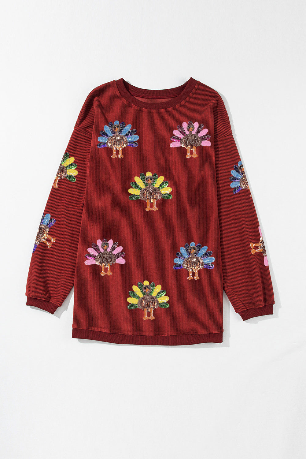 Racing Red Turkey Graphic Sequins Patch Corded Baggy Sweatshirt