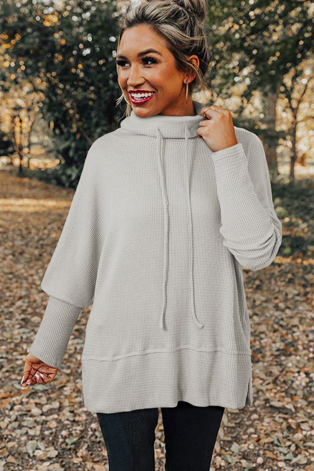 Light Grey Textured Knit Drawstring Cowl Neck Oversized Top