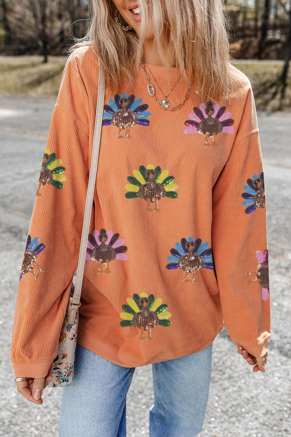 Smoke Gray Turkey Patch Application Graphic Corded Baggy Sweatshirt