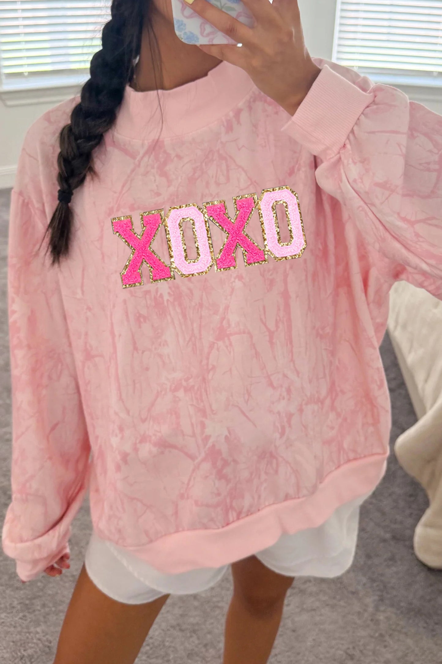 Pink XOXO Glitter Trim Chenille Patched Graphic Mock Neck Tie Dye Sweatshirt