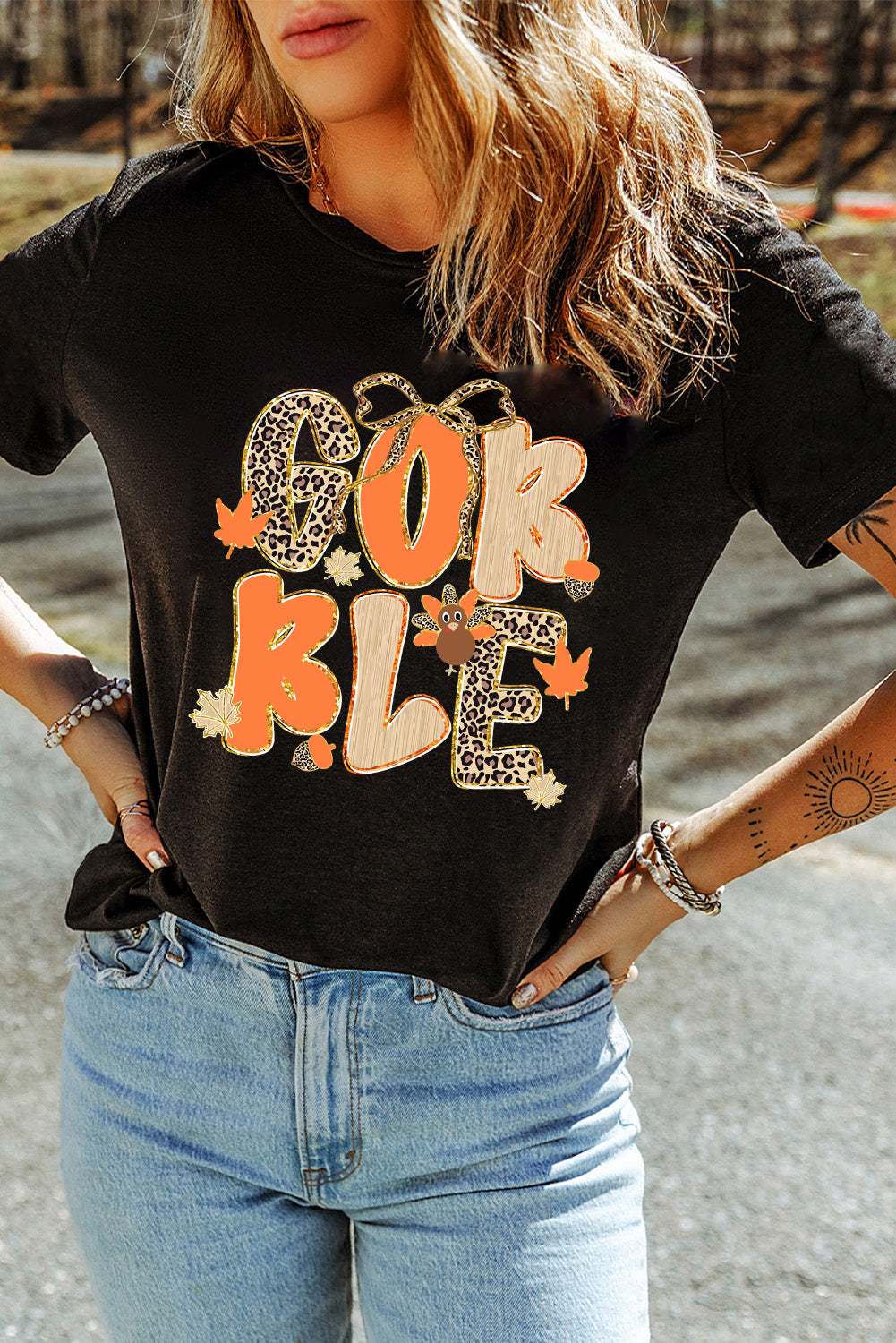 Black GOBBLE Leopard Letter Turkey Bow Graphic Heat Transfer Printing T Shirt