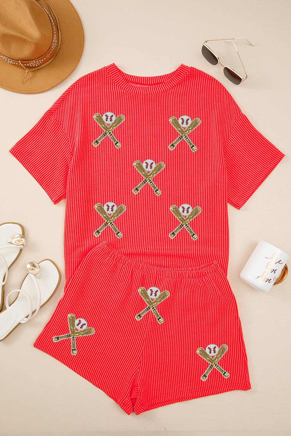 Orange Twisted Ribbed Sequin Baseball Bat Patched Tee and Shorts Set