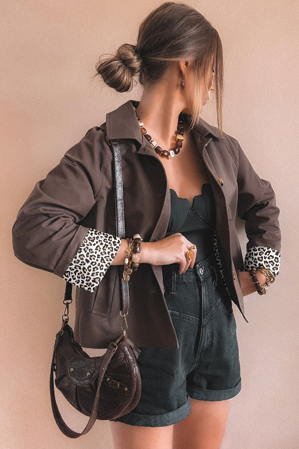 Dark Brown Collared Buttoned Leopard Liner Patchwork Chic Jacket