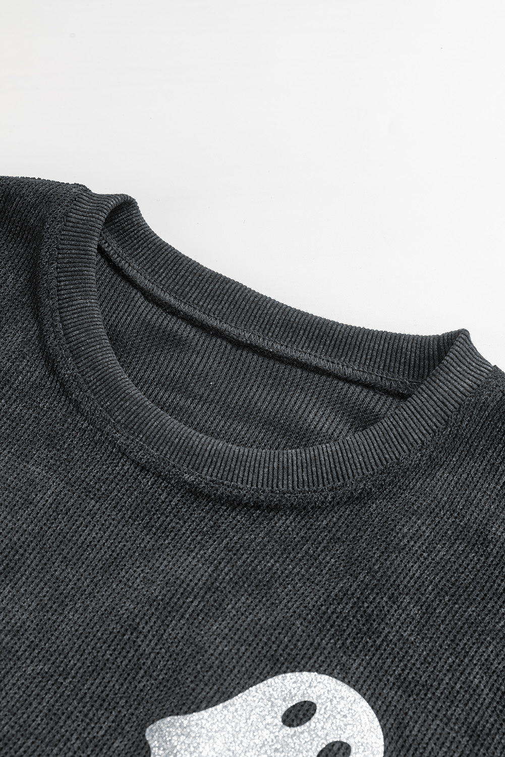 Gray Glitter Halloween Ghost Corded Crew Neck Loose Sweatshirt