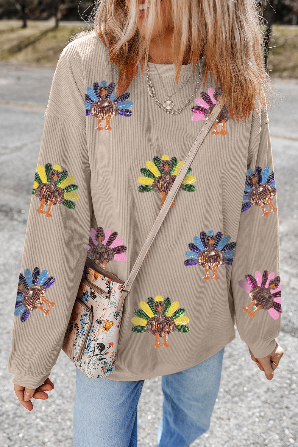 Smoke Gray Turkey Patch Application Graphic Corded Baggy Sweatshirt