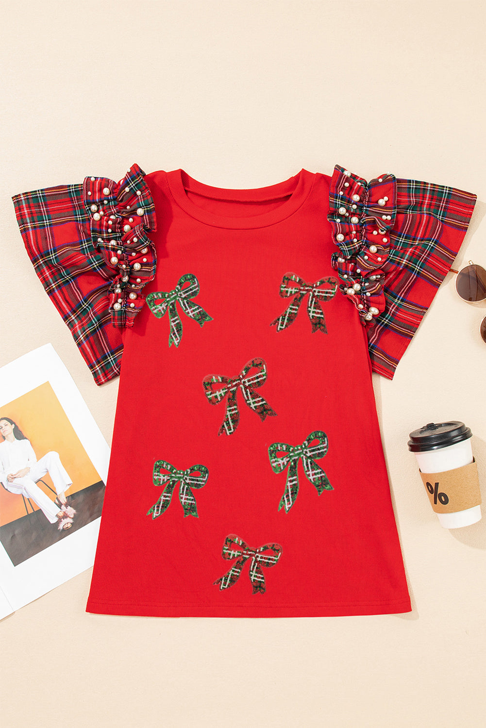 Racing Red Bow Pattern Sequins Patch Pearled Plaid Ruffle Short Sleeve Patchwork Xmas T Shirt