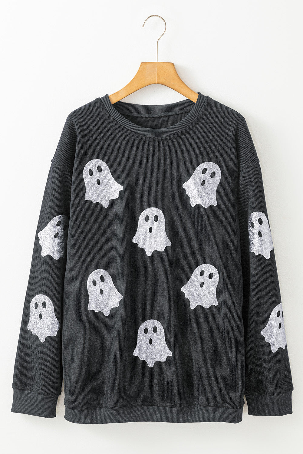Gray Glitter Halloween Ghost Corded Crew Neck Loose Sweatshirt