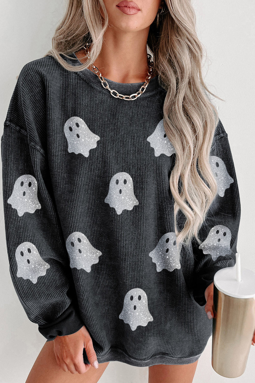 Gray Glitter Halloween Ghost Corded Crew Neck Loose Sweatshirt