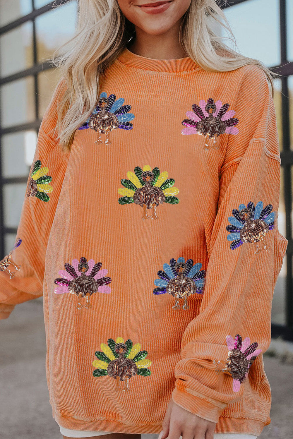 Smoke Gray Turkey Patch Application Graphic Corded Baggy Sweatshirt