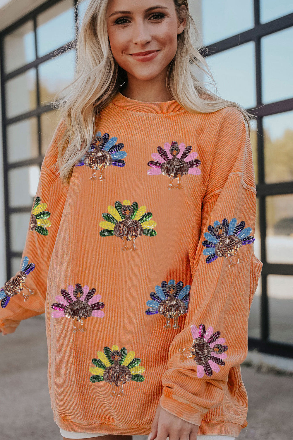 Smoke Gray Turkey Patch Application Graphic Corded Baggy Sweatshirt
