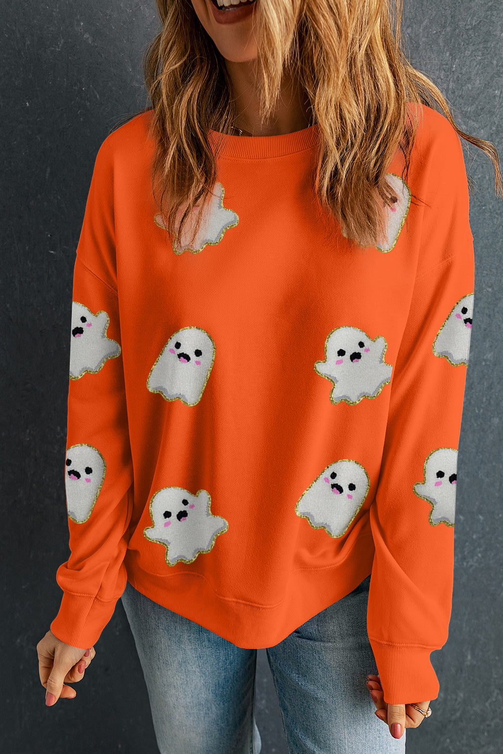 Orange Halloween Ghost Cute Patch Application Pattern Holiday Sweatshirt