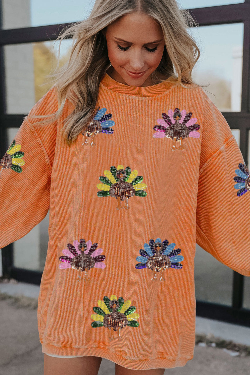 Smoke Gray Turkey Patch Application Graphic Corded Baggy Sweatshirt