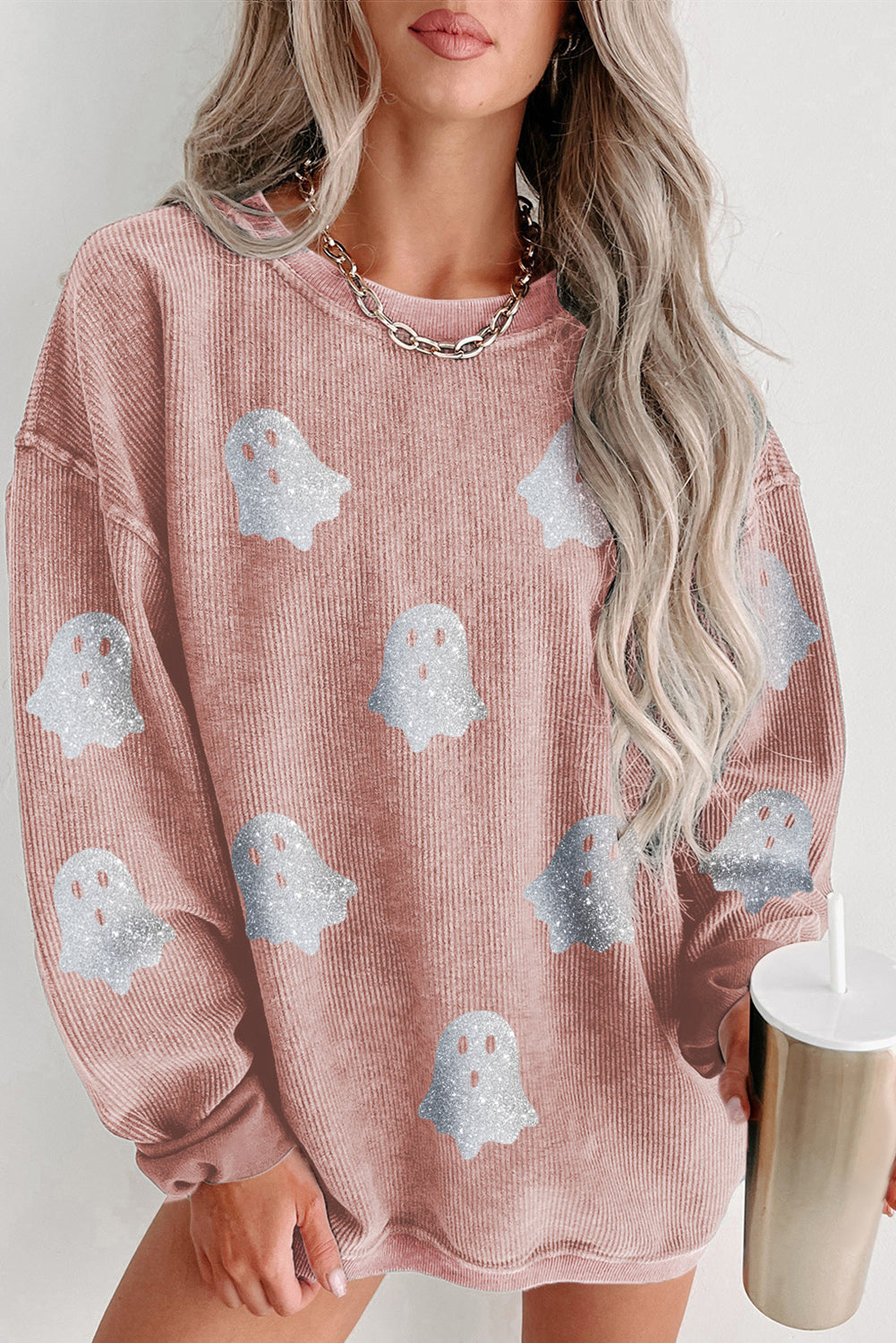 Gray Glitter Halloween Ghost Corded Crew Neck Loose Sweatshirt