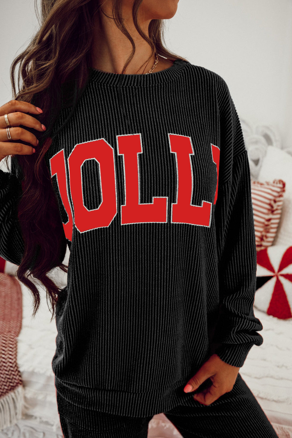 Black Crinkle Rib JOLLY Pattern Long Sleeve Top and Pockets Pants Set
