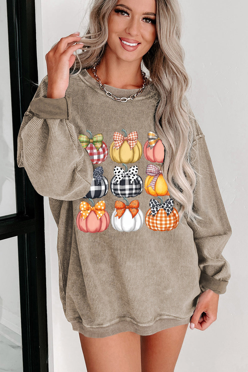 Khaki Trendy Textured Bow Pumpkin Heat Transfer Printing Graphic Baggy Sweatshirt