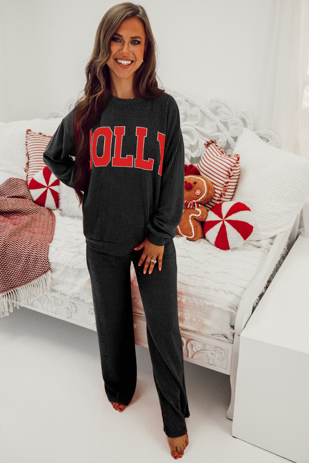 Black Crinkle Rib JOLLY Pattern Long Sleeve Top and Pockets Pants Set