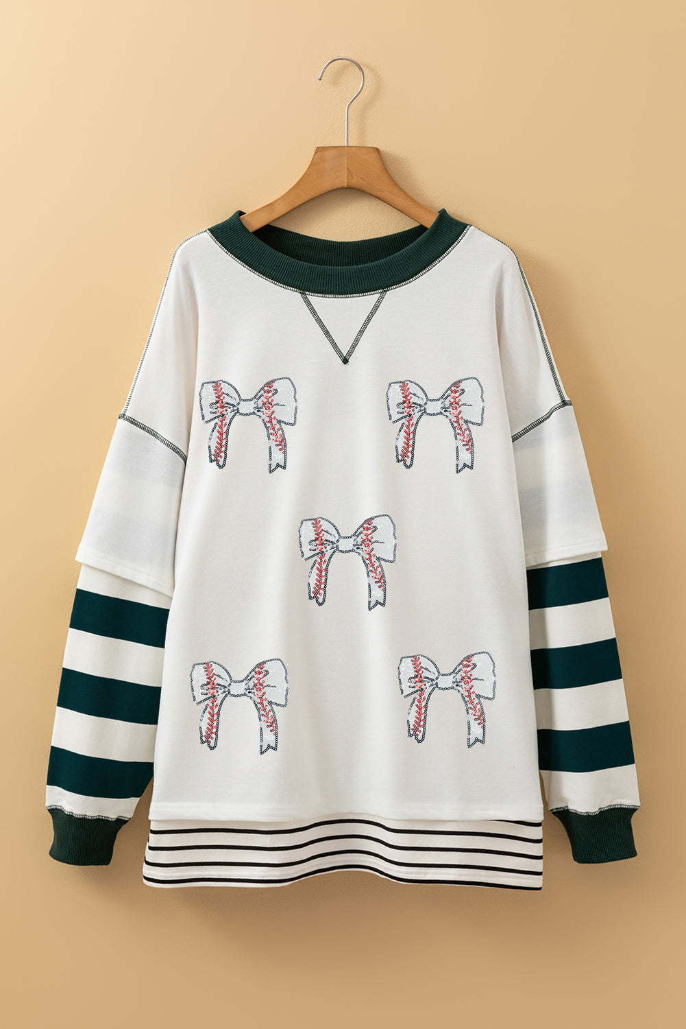 White Stripe Bowknot Pattern Contrast Trim Game Day Sweatshirt