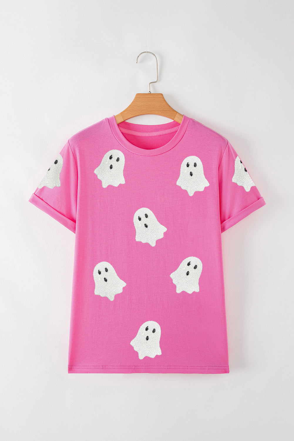 Black Halloween Ghost Sequins Patch Casual T Shirt