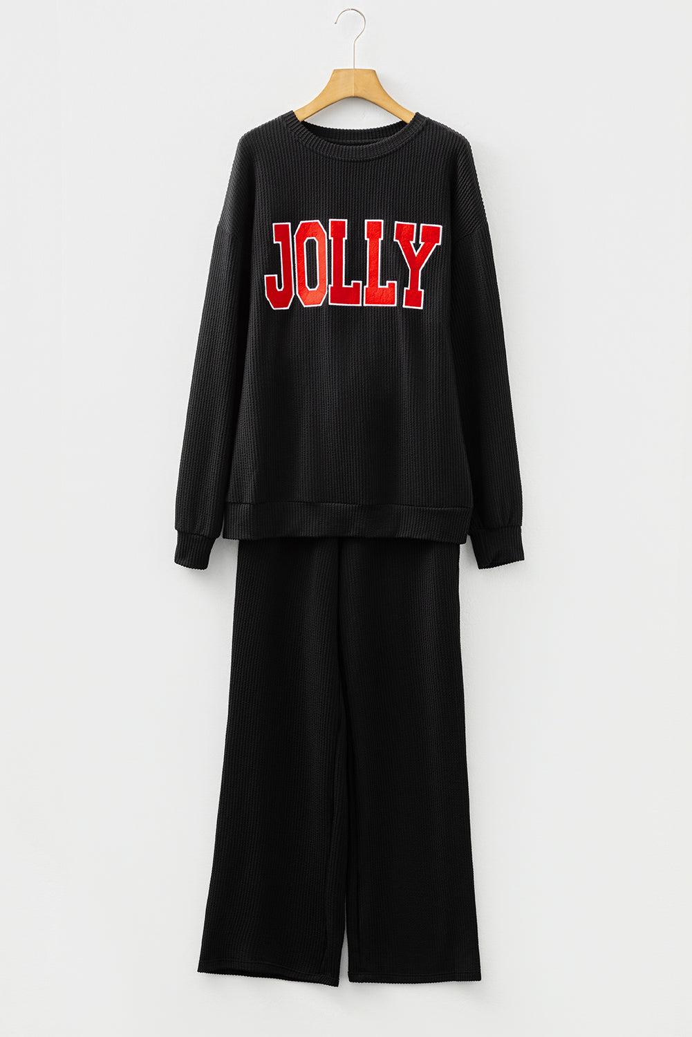 Black Crinkle Rib JOLLY Pattern Long Sleeve Top and Pockets Pants Set