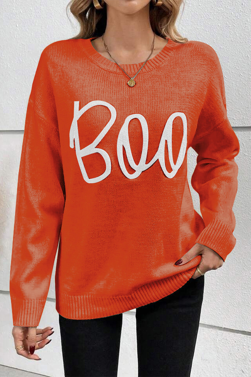 Black Halloween Boo Drop Shoulder Knit Sweater