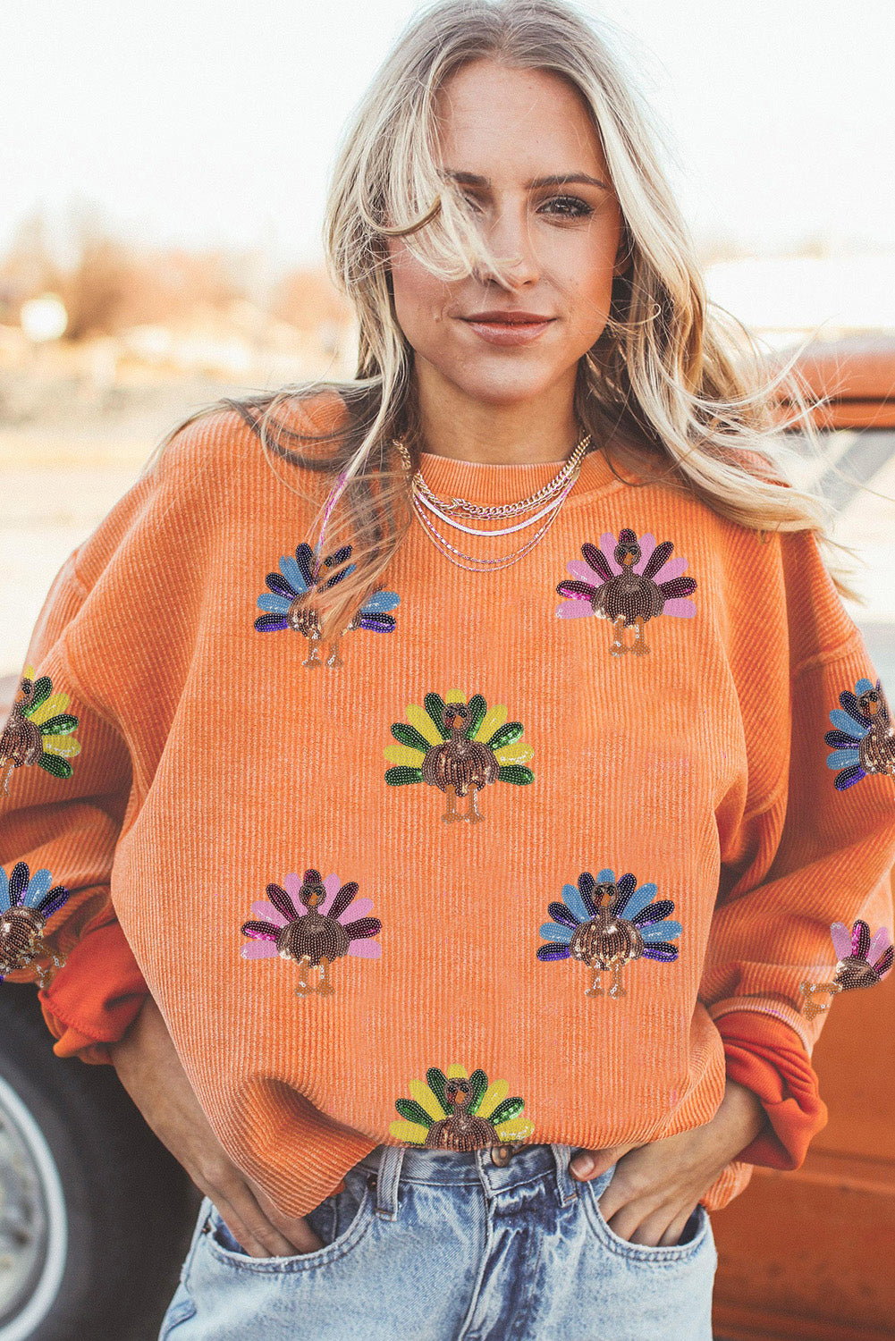 Smoke Gray Turkey Patch Application Graphic Corded Baggy Sweatshirt
