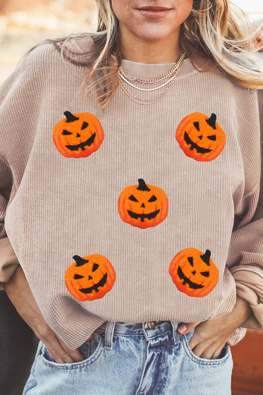 Apricot Twsted Rib Chenille Halloween Pumpkin Terry Flocking Graphic Sweatshirt