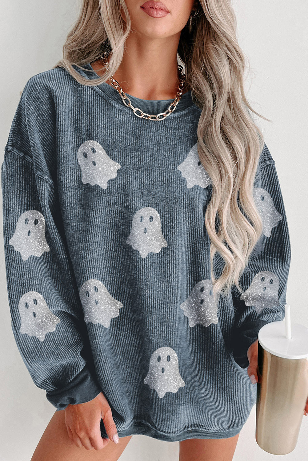 Gray Glitter Halloween Ghost Corded Crew Neck Loose Sweatshirt