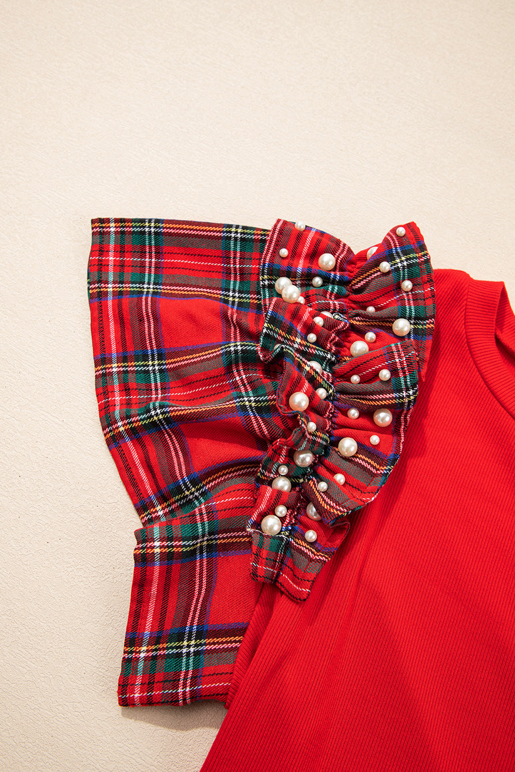 Racing Red Bow Pattern Sequins Patch Pearled Plaid Ruffle Short Sleeve Patchwork Xmas T Shirt