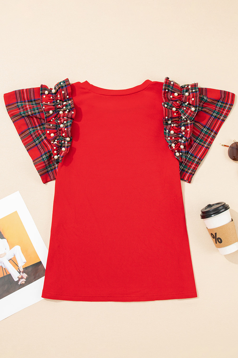 Racing Red Bow Pattern Sequins Patch Pearled Plaid Ruffle Short Sleeve Patchwork Xmas T Shirt