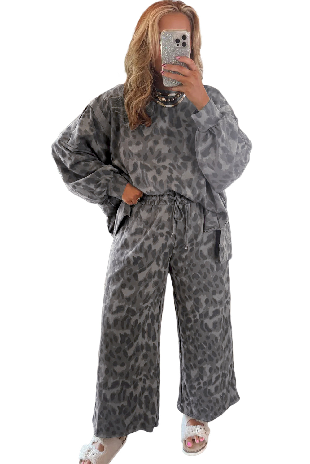 Gray Allover Leopard Print Pullover Drawstring Loose Pants Set