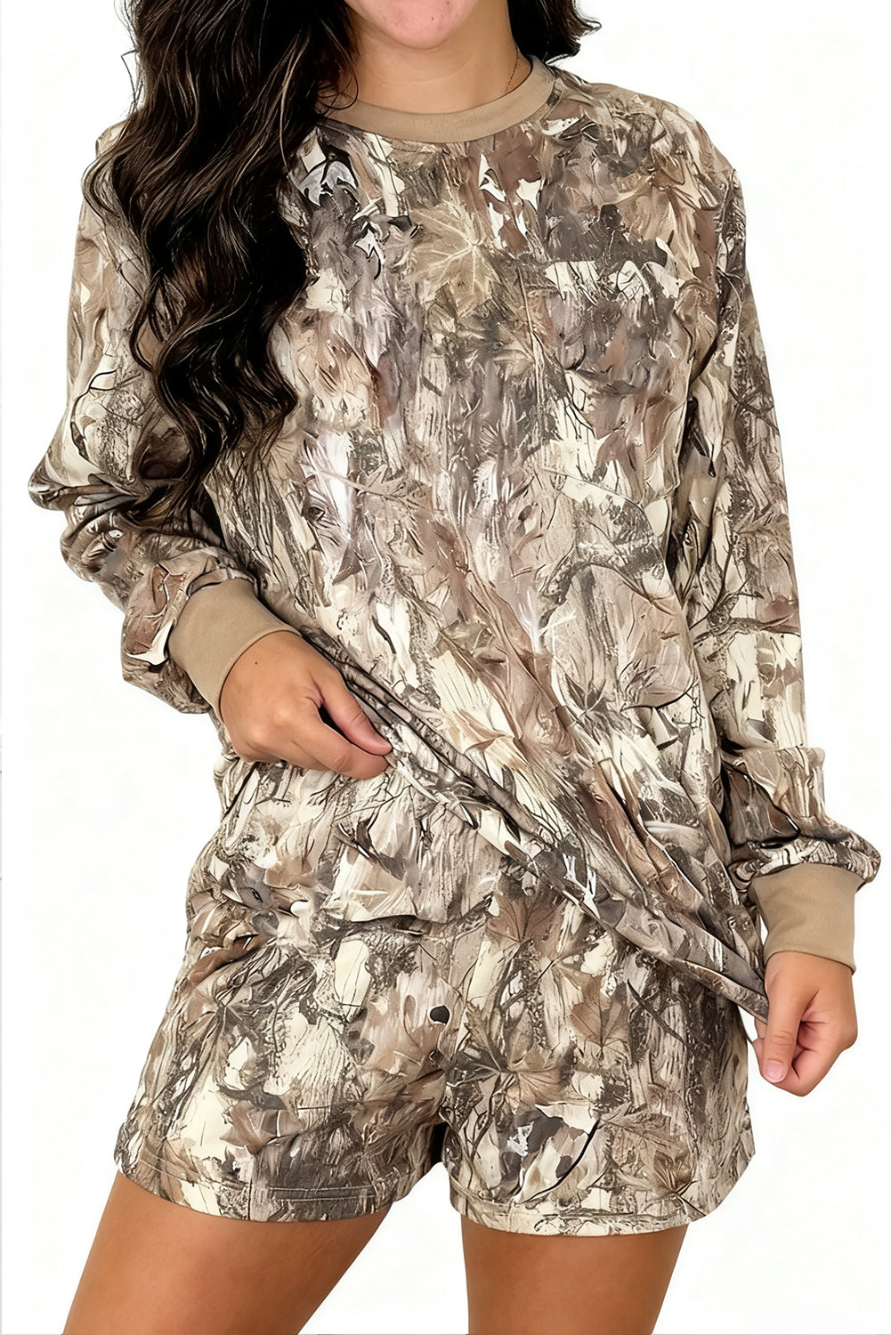 Khaki Camo Print Contrast Trim Long Sleeve Pullover Shorts Set