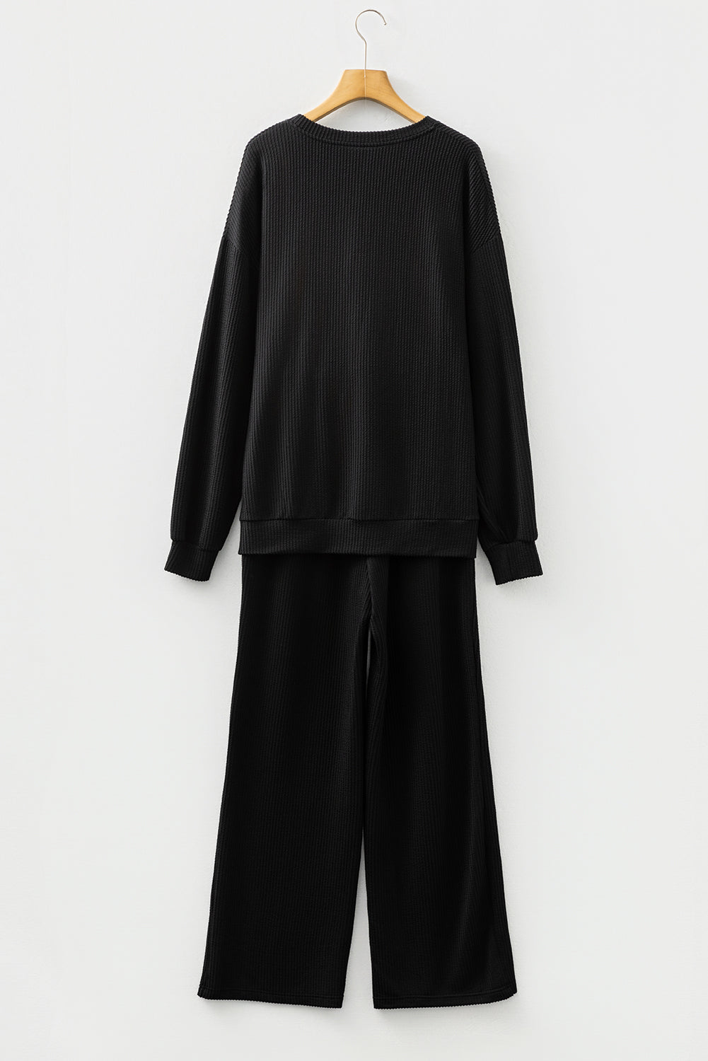 Black Crinkle Rib JOLLY Pattern Long Sleeve Top and Pockets Pants Set