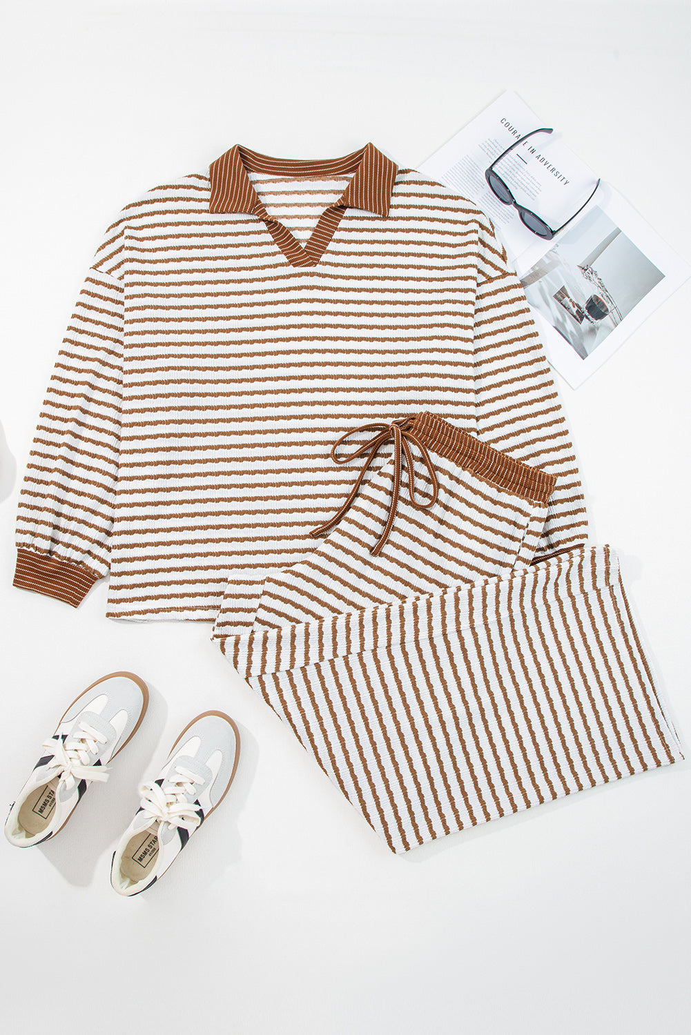 Khaki Stripe Plus Size Loose Pullover Drawstring Elastic Waist Wide Leg Pants Set