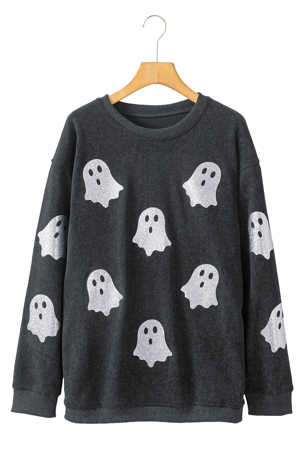 Gray Glitter Halloween Ghost Corded Crew Neck Loose Sweatshirt