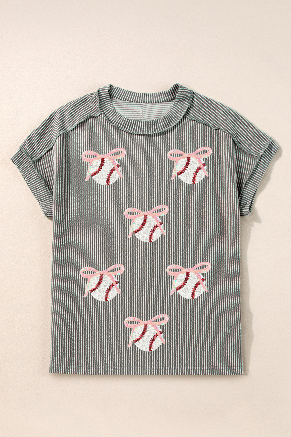 Medium Grey Twist Ribbed Sequined Bow Baseball Game Day T Shirt