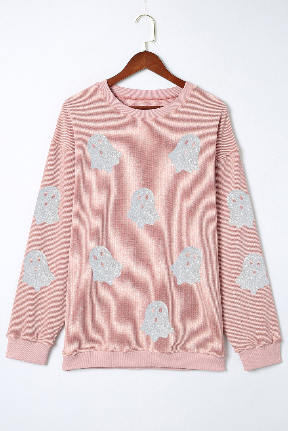 Gray Glitter Halloween Ghost Corded Crew Neck Loose Sweatshirt
