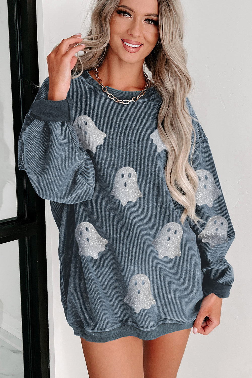 Gray Glitter Halloween Ghost Corded Crew Neck Loose Sweatshirt