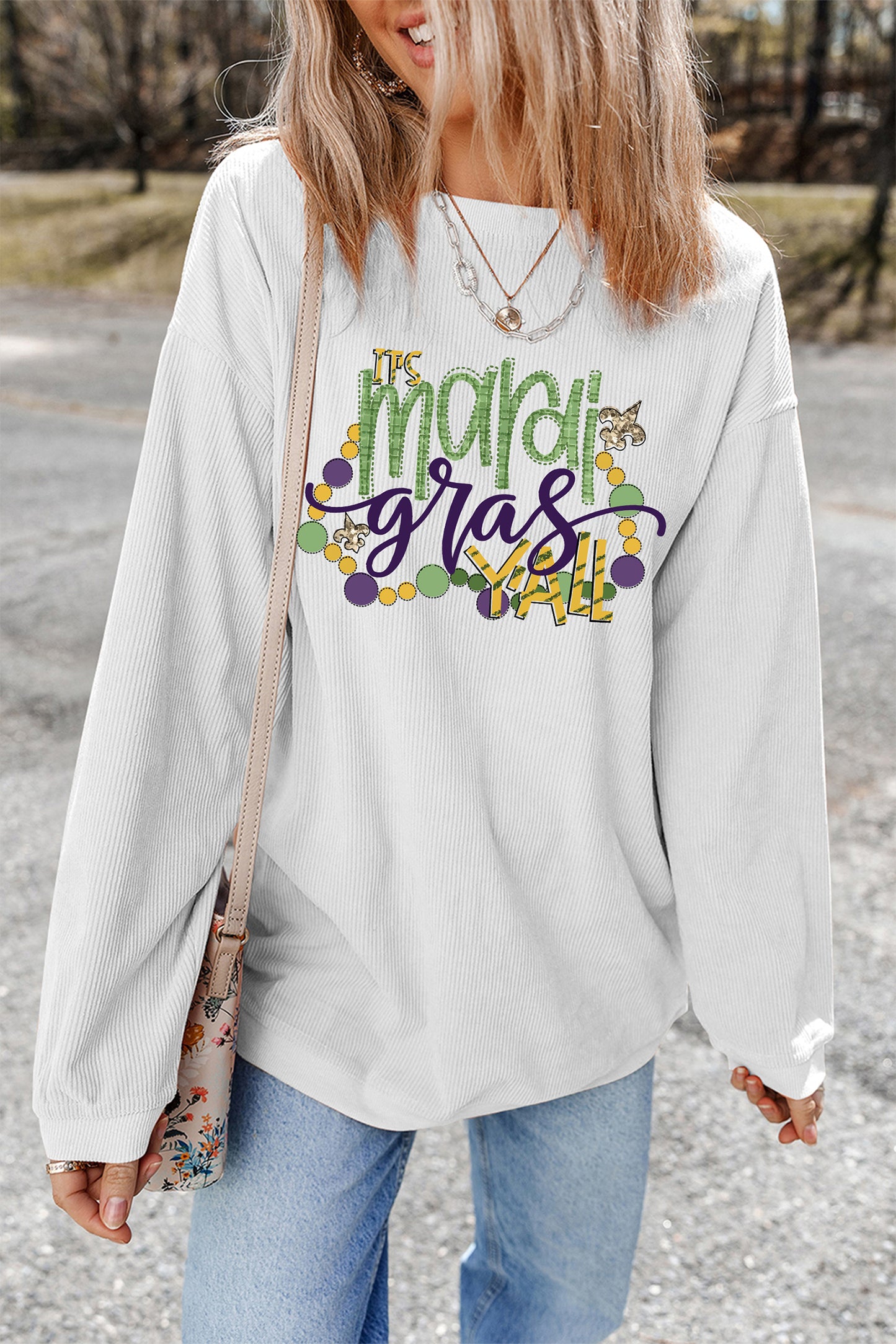 White TIS mardi gras YALL Corded Ribbed Pullover Sweatshirt