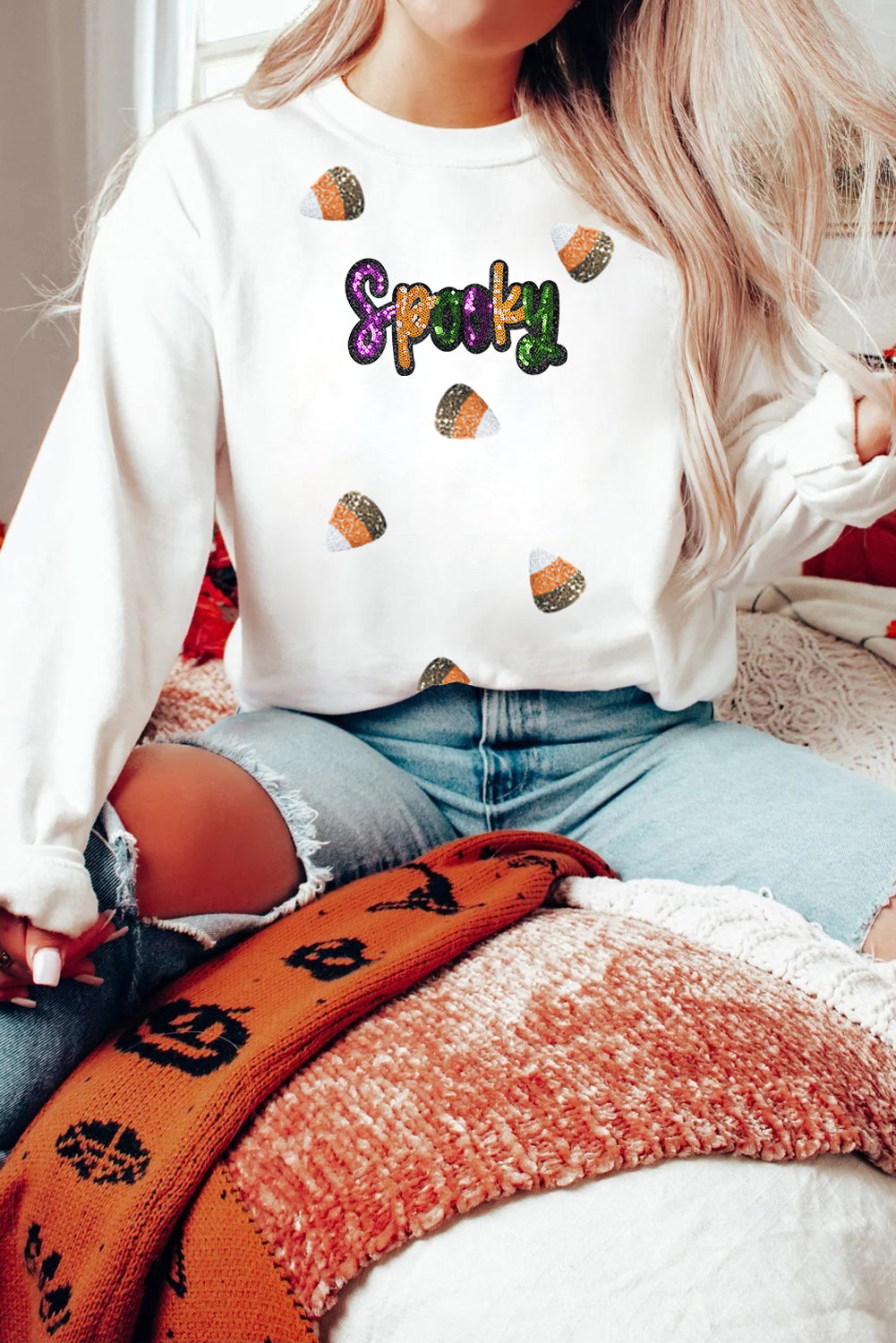 White Spooky Halloween Spirit Sequins Patch Casual Sweatshirt