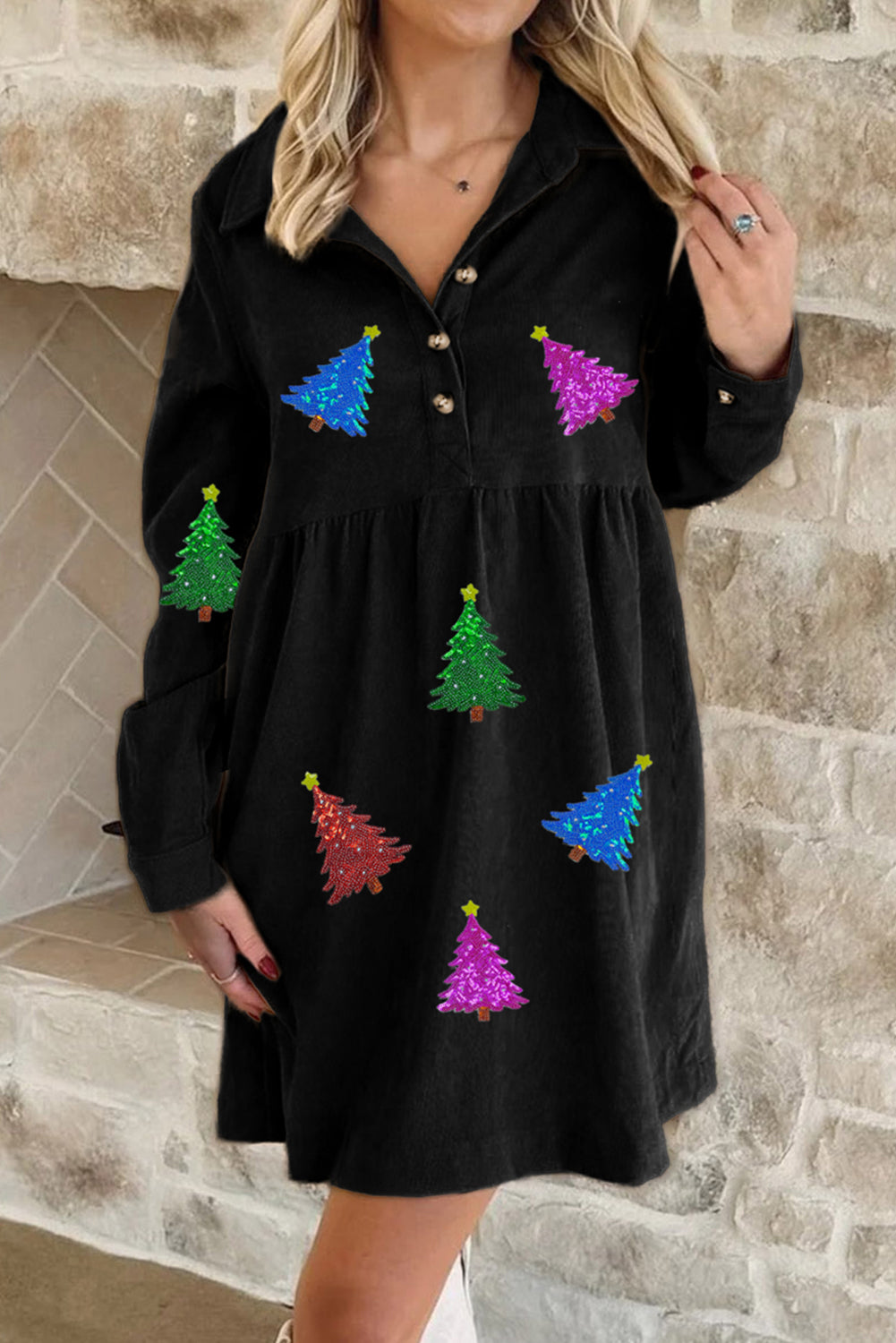 Black Shimmer Christmas Tree Patched Patterned Half Buttons Long Sleeve Dress