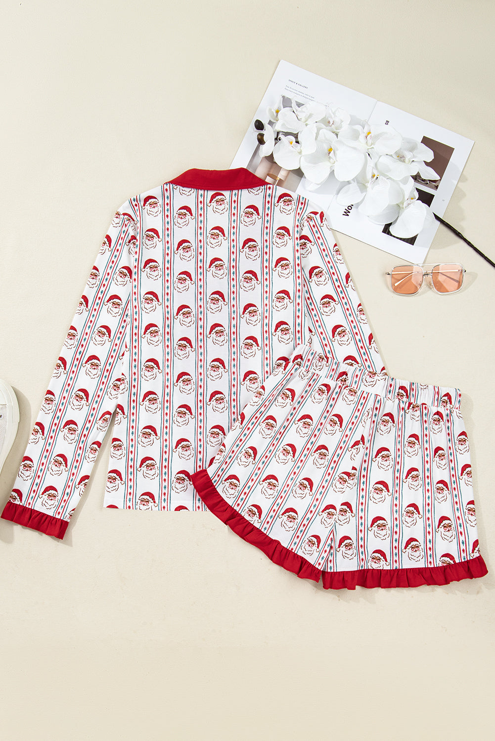 White Christmas Santa Claus Contrast Ruffle Trim Pajama Set