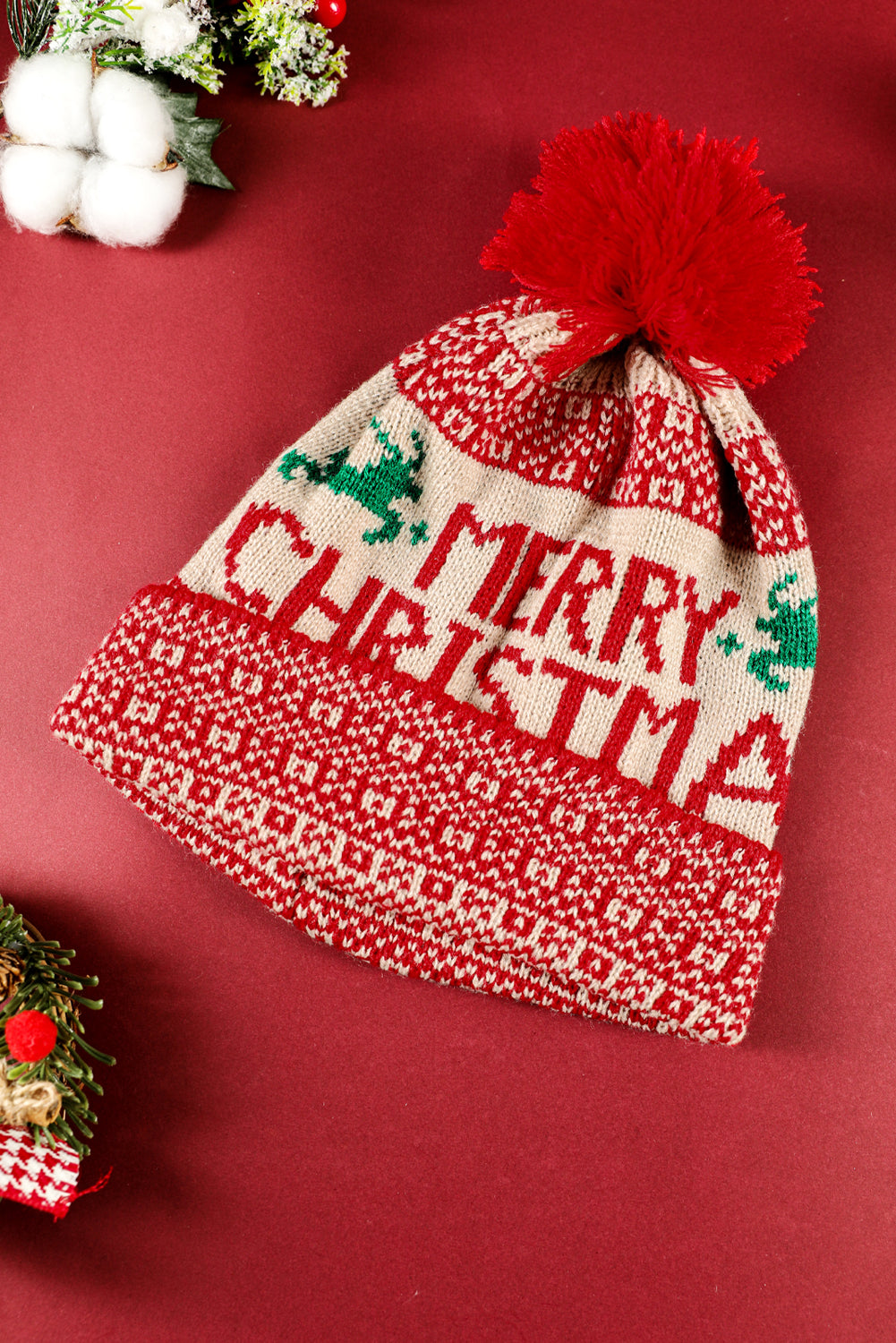 Fiery Red MERRY CHRISTMAS Winter Pom Beanie Hat