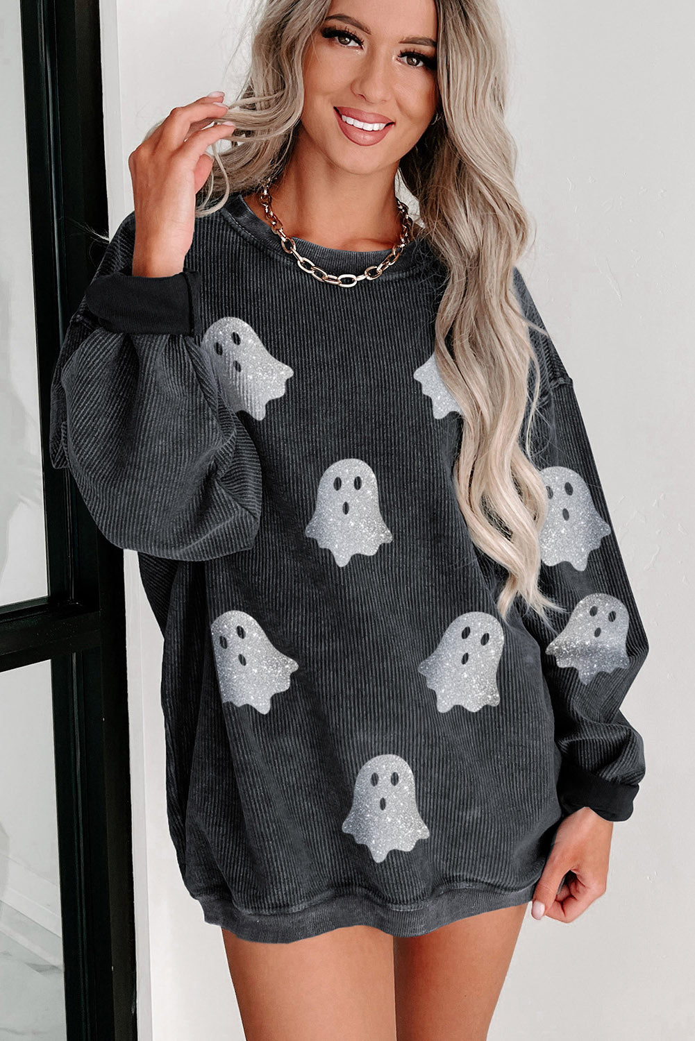Gray Glitter Halloween Ghost Corded Crew Neck Loose Sweatshirt