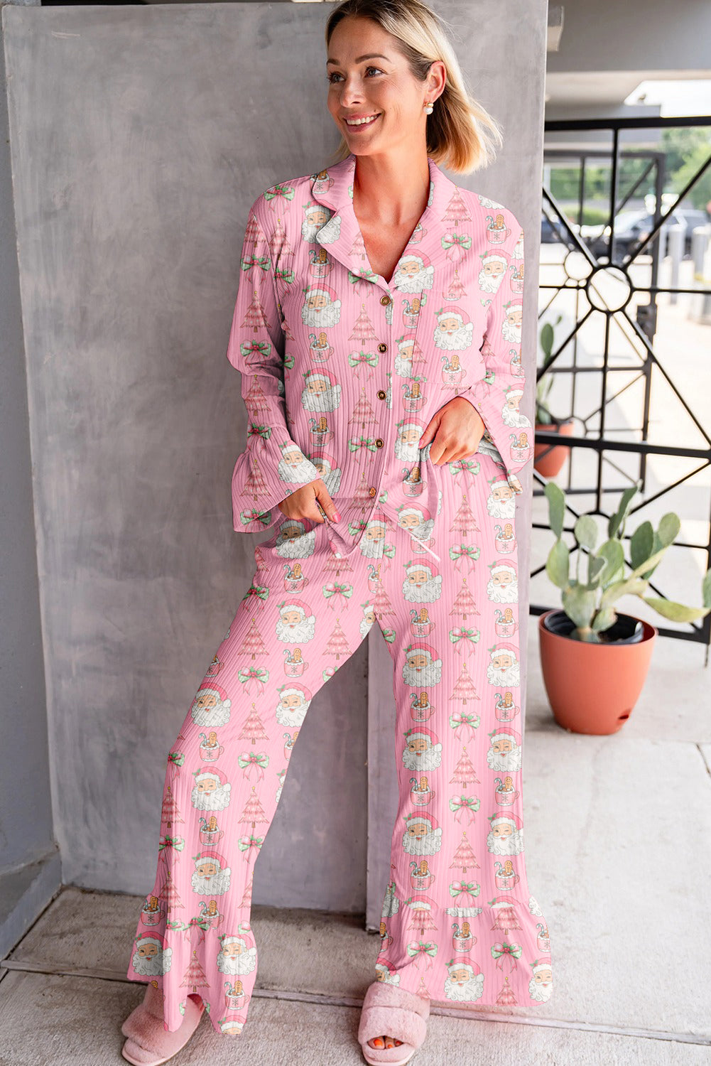 Pink Christmas Print Ruffle Ribbed Shirt and Pants Pajama Set