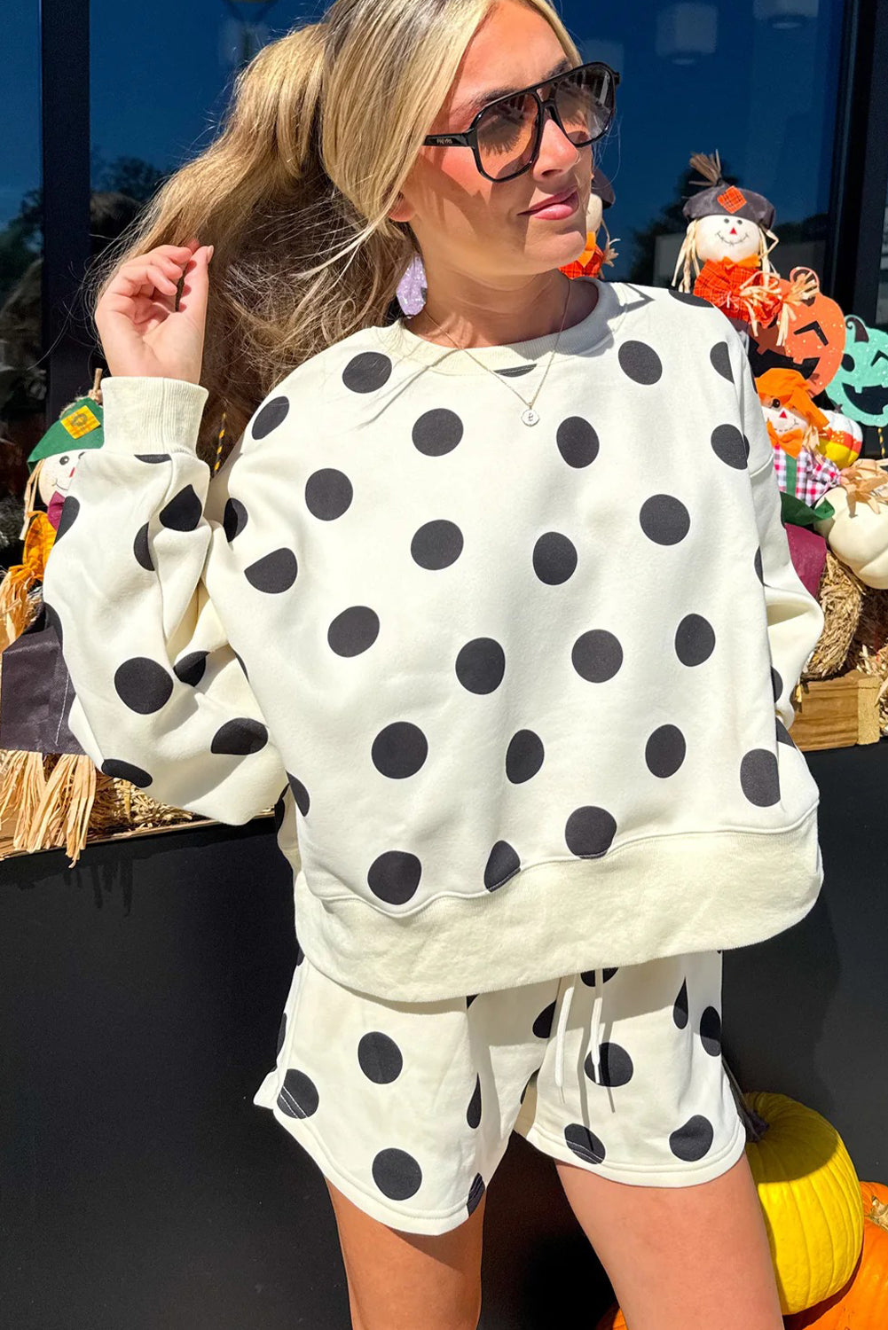 Beige Polka Dot Print Drop Shoulder Pullover Drawstring Short Set